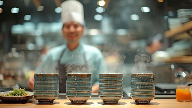 Japanese restaurant counter with a concentration on tea cups made of ceramic where diners are served directly by the Blur chef who is cooking at the kitchen counter