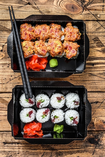 Japanese restaurant food in take away, set delivery box