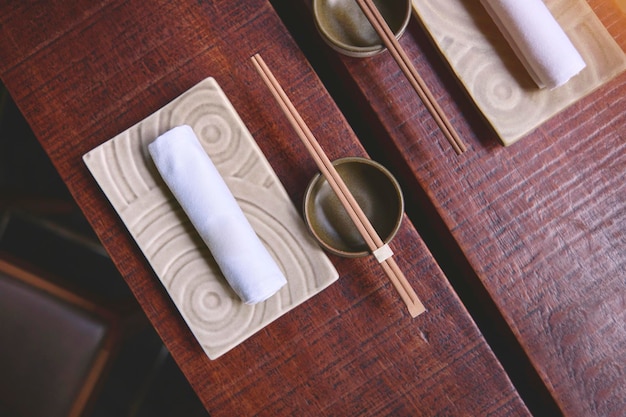 Japanese restaurant in traditional style interior asian sushi wooden bar top view