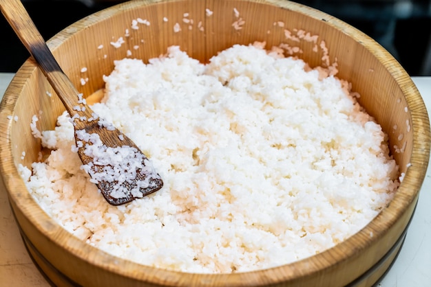 Japanese rice on big wooden bowl