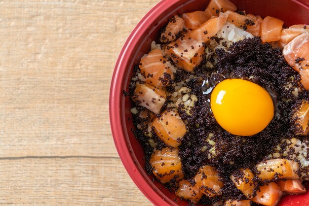 Japanese Rice with Fresh Salmon Raw, Tobiko and Egg (Salmon Don)