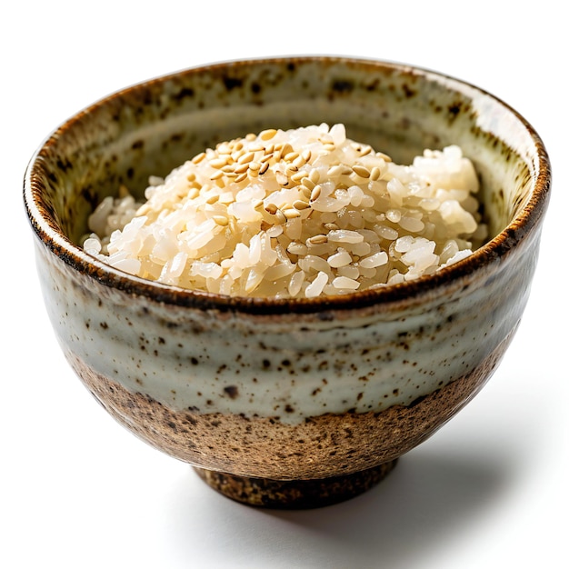 Japanese rice with sesame seeds in bowl isolated on white background