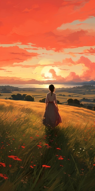 Japanese Rural Sunrise Figurative Art Painting With Vibrant Fields And Magical Lighting