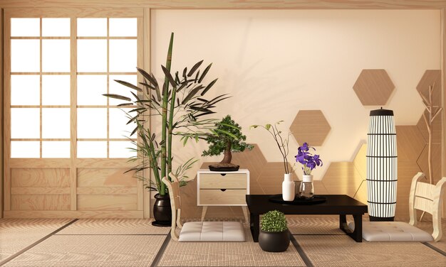 Japanese ryokan, living room zen style with hexagon tile on\
wall and tatami mat floor, decoration japanese style, 3d\
rendering