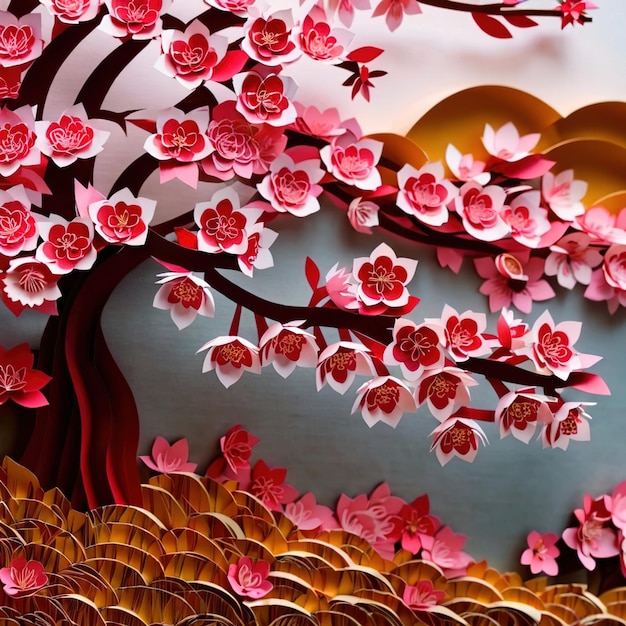 Японские цветы сакуры традиционный дизайн из бумаги бумажная резка изготовленная вручную декорация