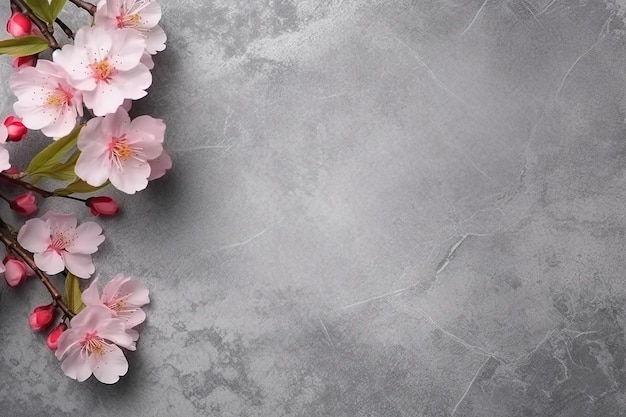 Japanese Sakura Flower Blossom in Corner over Grey Background Large Copy Space Created with Generati