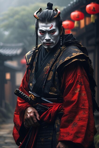 A Japanese samurai ghost with katana and helmet in the old town