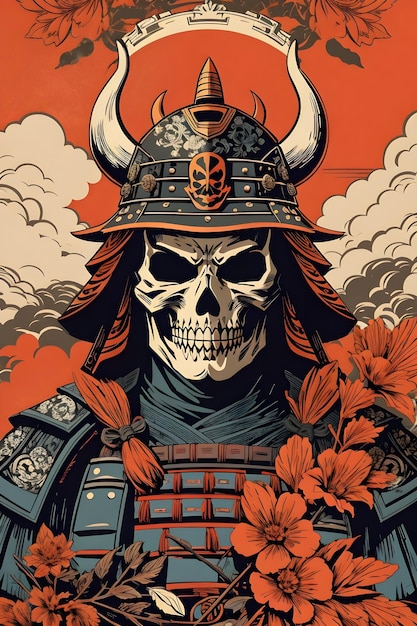 Photo japanese samurai helmet with skull head and smoke