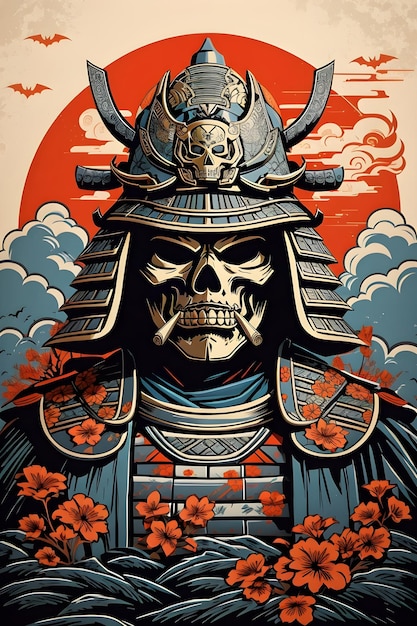 Японский самурайский шлем с головой черепа и дымом