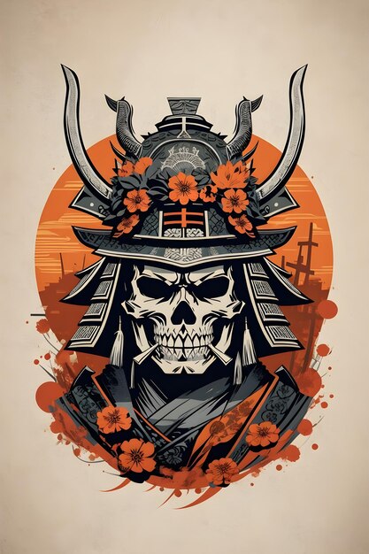 Photo japanese samurai helmet with skull head and smoke