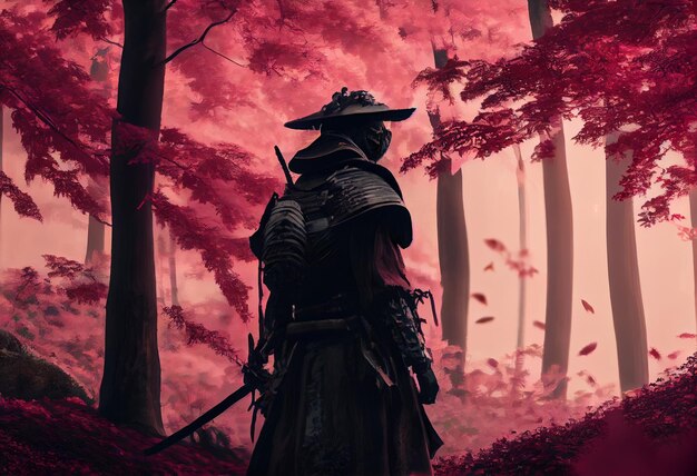 Photo japanese samurai prepare to fight in the sakura forest