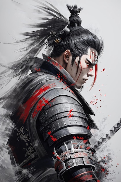 Japanese samurai warrior character design Medieval soldier with sword Japan culture and history Asian traditional knight painting and drawing AI Artificial intelligence generated image