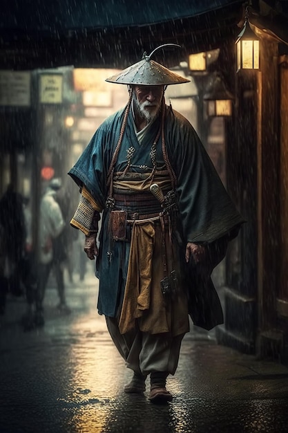 Japanese samurai warrior in traditional Asian kimono in city in rain Generative AI