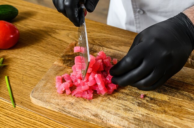 Japanese sashimi chef knife, slice the raw tuna fish for cooking Tartar