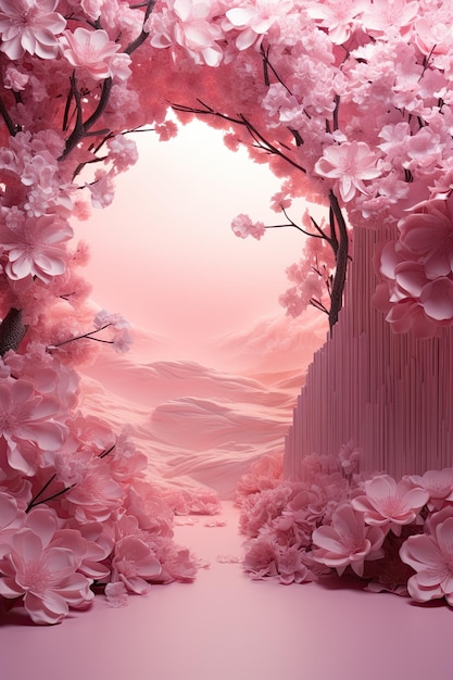 Японский живописный пейзаж в розовых тонах