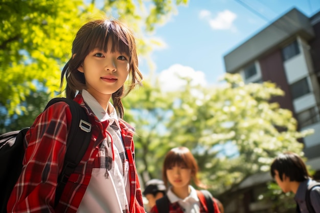 Японская школьница в форме и школьники идут в школу в солнечный день