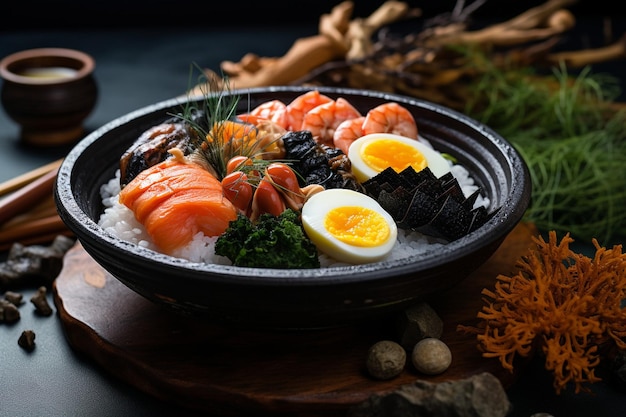 Japanese seafood delight with scallops and egg seaweed