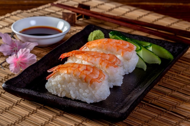 Japanese seafood sushi on black background