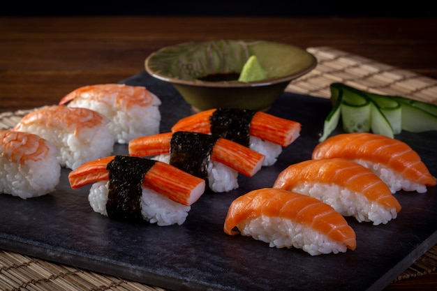 Japanese seafood sushi on black background