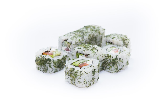 Japanese seafood sushi roll on a white background