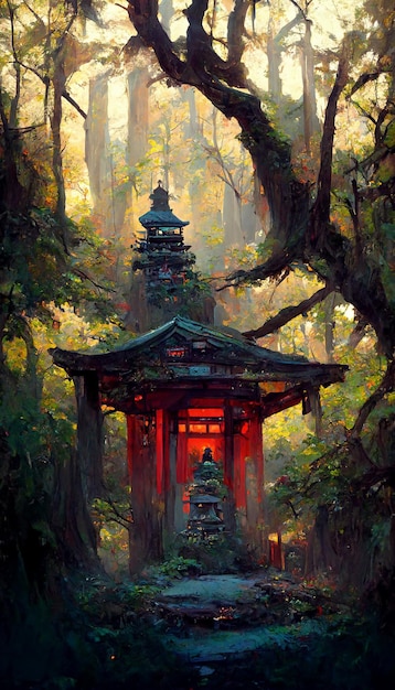 Japanese shrine in the forest 3d illustration