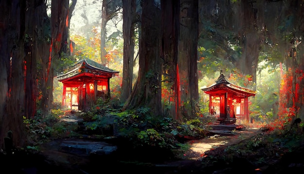 森の 3 d イラストレーションで日本の神社