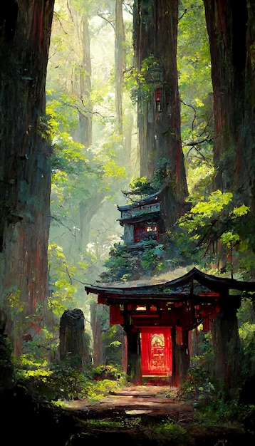 Japanese shrine in the forest 3d illustration