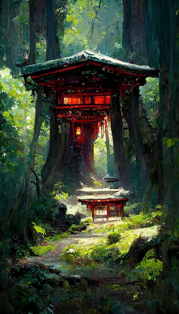 Japanese shrine in the forest 3d illustration