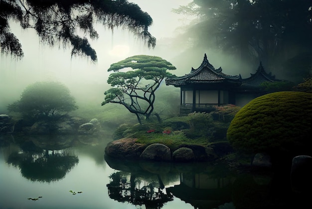 Japanese Spring Garden Foggy Morning Landscape Painting Japan Garden Abstract Generative AI Illustration