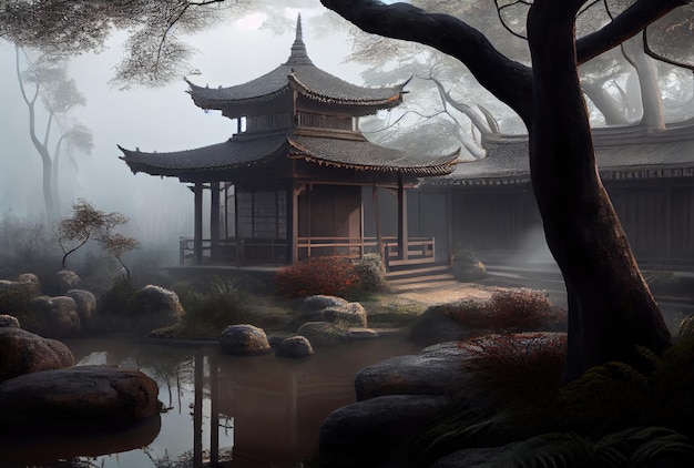 Японский весенний сад Туманное утро Пейзажная живопись Японский сад Абстрактная генеративная иллюстрация AI