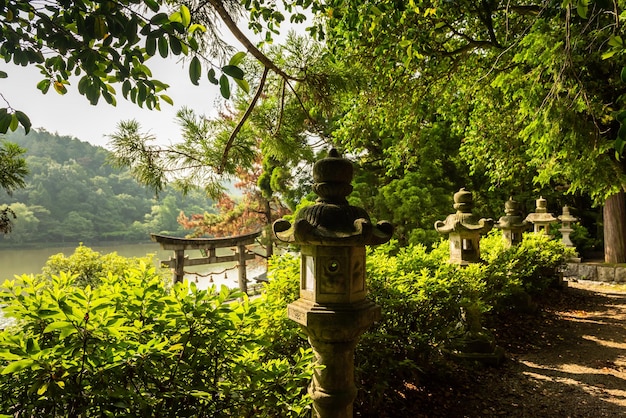 Lanterne di pietra giapponesi in un giardino del tempio, vegetazione verde intorno, cancello del tempio, lago sullo sfondo.