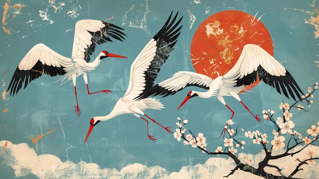 Photo japanese storks in vintage style on blue background