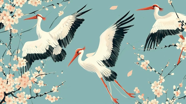 Photo japanese storks in vintage style on blue background