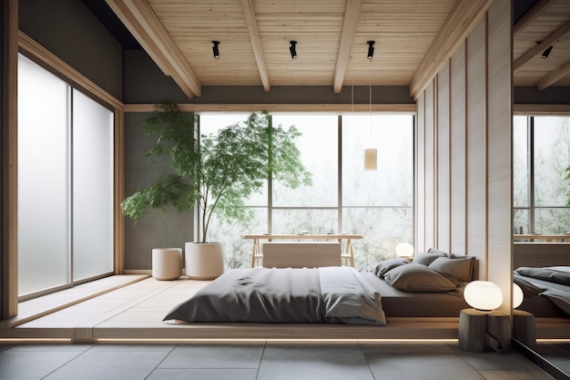 Japanese style bedroom with minimalist design and natural textures created with generative ai