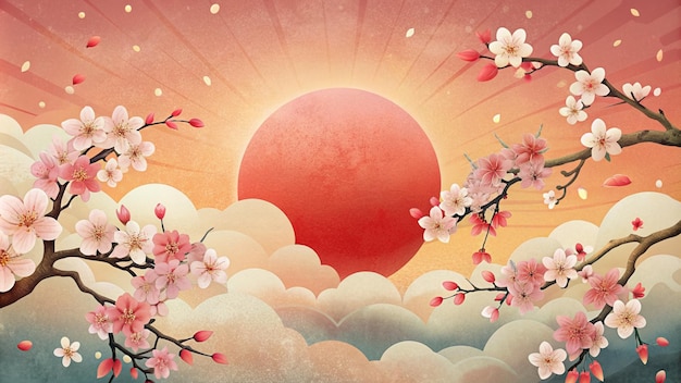 日本風の桜の花の背景と太陽と雲のイラスト