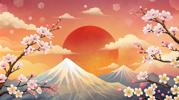japanese style cherry blossom background with sun and clouds illustration