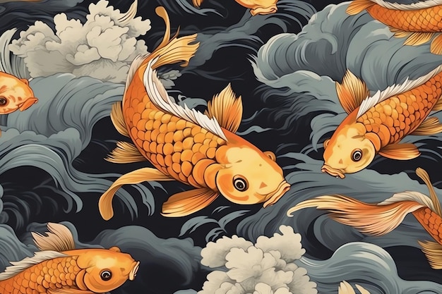 폭풍우 치는 바다에서 금붕어가 헤엄치는 일본식 물고기 무늬.