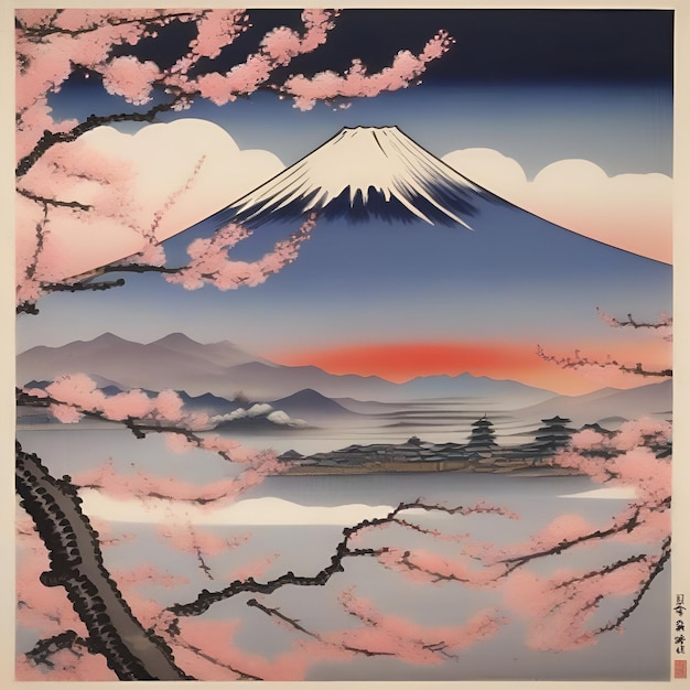 Japanese style landscape with cherry blossoms and mountain