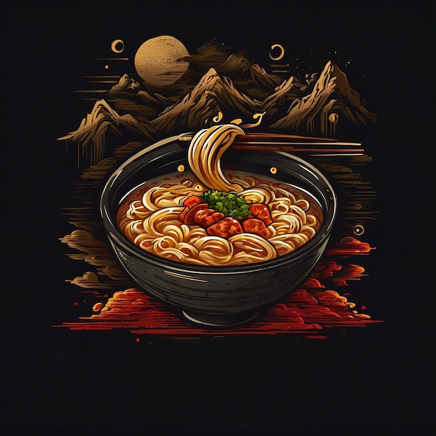 japanese style logo for ramen noodle in a bowl icon with gold red moon and mountain background
