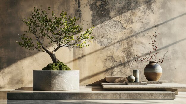 Foto stile giapponese minimo sfondo astratto podio in pietra e bonsai con sfondo marrone per la presentazione del prodotto illustrazione di rendering 3d