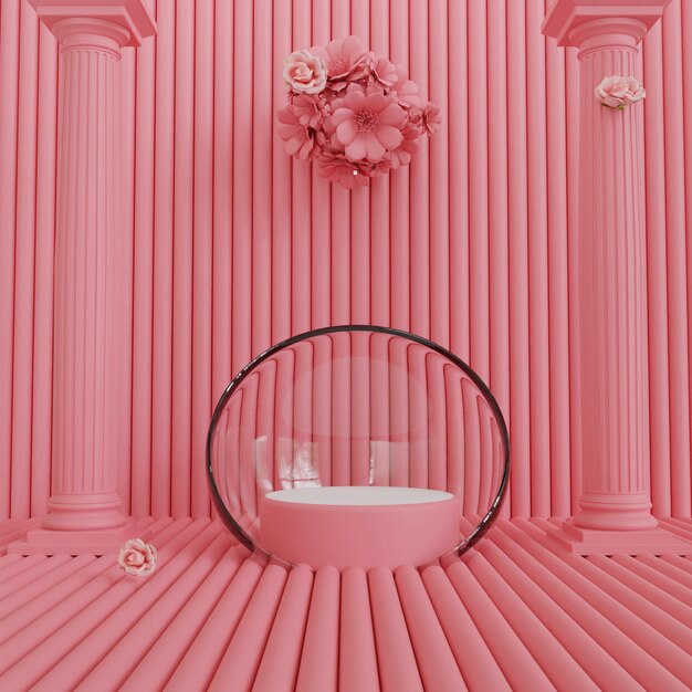 和風の最小限の背景。製品プレゼンテーション用のピンクの表彰台と桜の背景