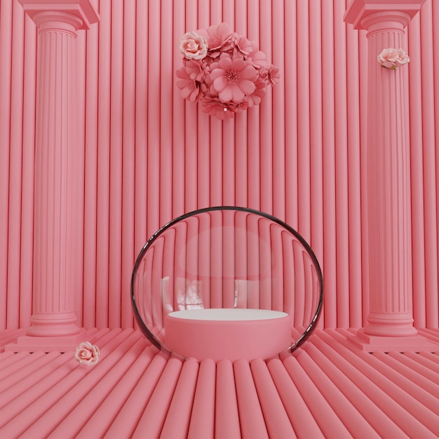 Japanese style minimal background. pink podium and cherry blossom background for product presentatio