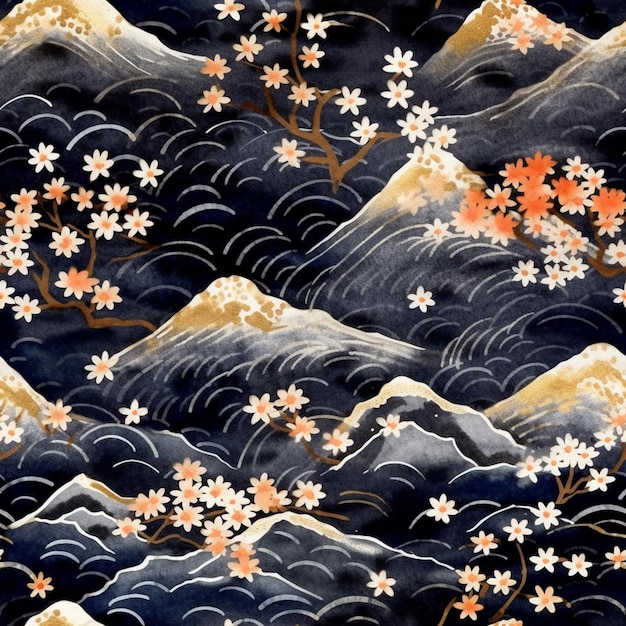 A japanese style painting of mountains and clouds with flowers.