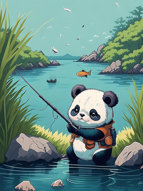 Japanese style panda bear is fishing on the riverbank and casting a fishing rod AI generated