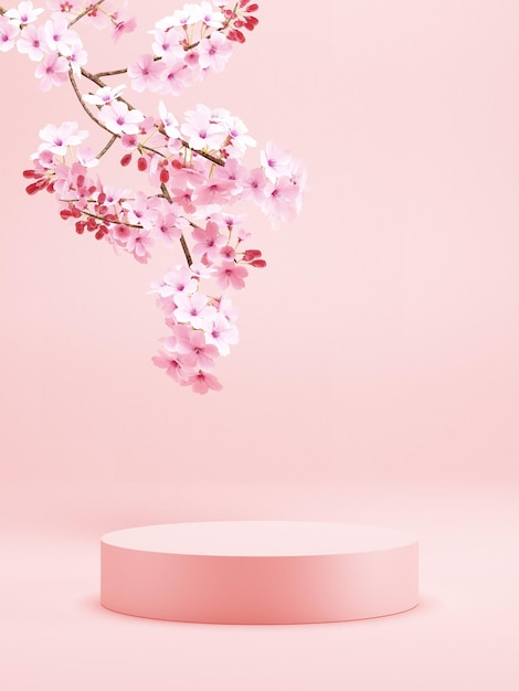 Japanese style pink podium and cherry blossom cosmetic background 3d rendering illustration