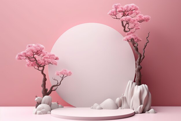 Japanese style pink podium and cherry blossom cosmetic background 3d rendering illustration