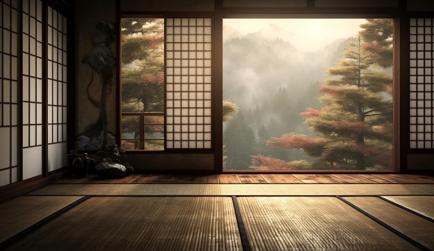 Комната в японском стиле с татами в стиле дзен додзё с открытым окном