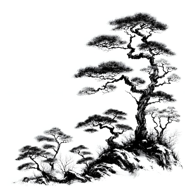 Japanese style trees minimalistic ink drawing style