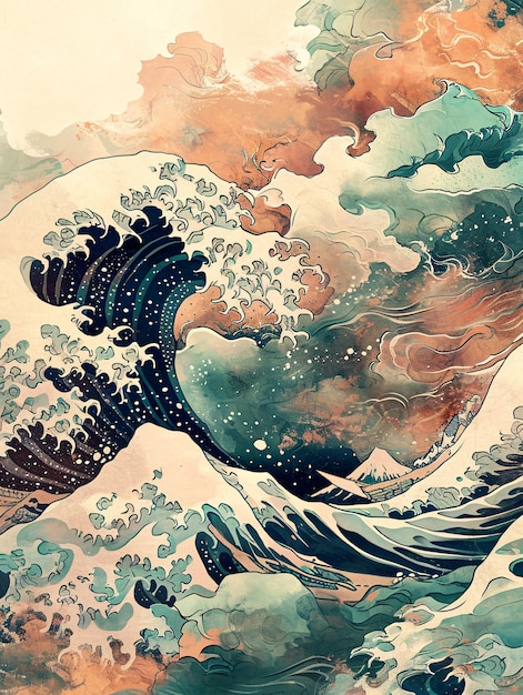 Photo japanese style waves and sea vintage style ocean waves illustration