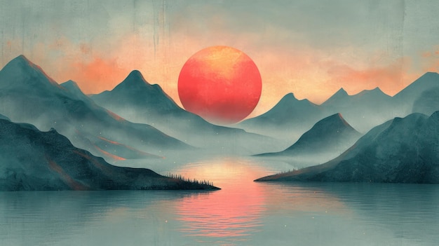 Японское искусство заката Солнца Закат над спокойным озером, окруженным величественными горами